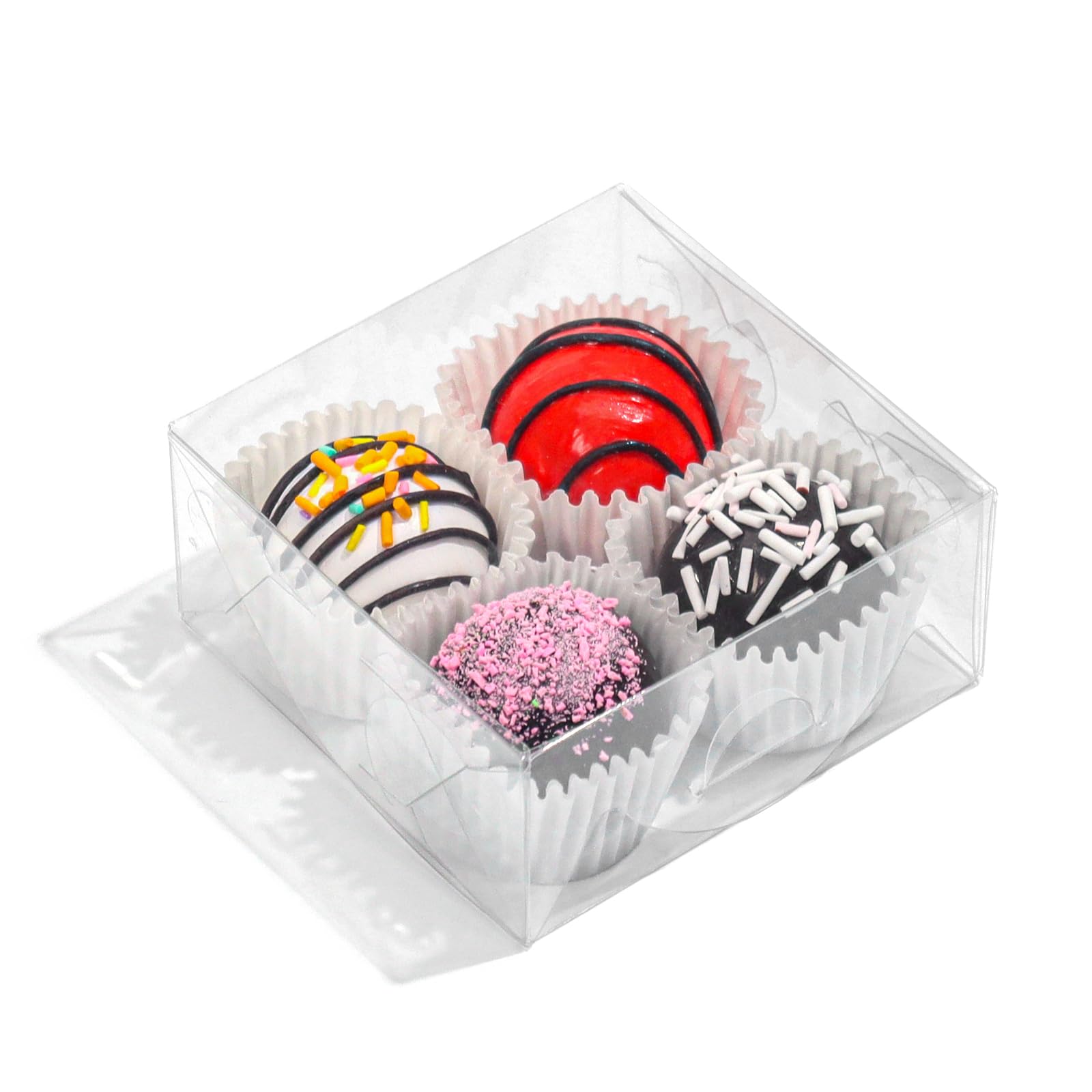 50 cajas transparentes de 3¼ x 3¼ x 1½ pulgadas, cajas de jabón, cajas de trufa de chocolate para 4, cajas de donas, cajas de macarrón, cajas de cerezas cubiertas de chocolate, mini cajas de