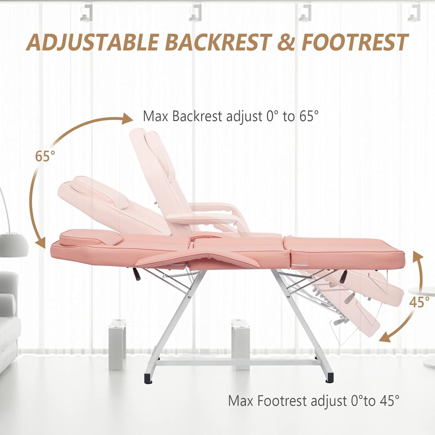 Tavolo Massaggio Pieghevole 3 Zone 185x70 cm Rosa | Sgabello Portatile Tavolo Massaggio in pelle PU Per salone Estetista Tattoo