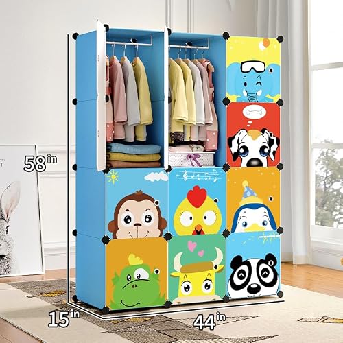 MAGINELS Kids Closet,Baby Wardrobe Closet with Door,Cute Portable Armoire Dresser,Clothes Hanging Storage Rack for Boy Bedroom,Blue,12 cube(14x14inch) - Thumbnail 2
