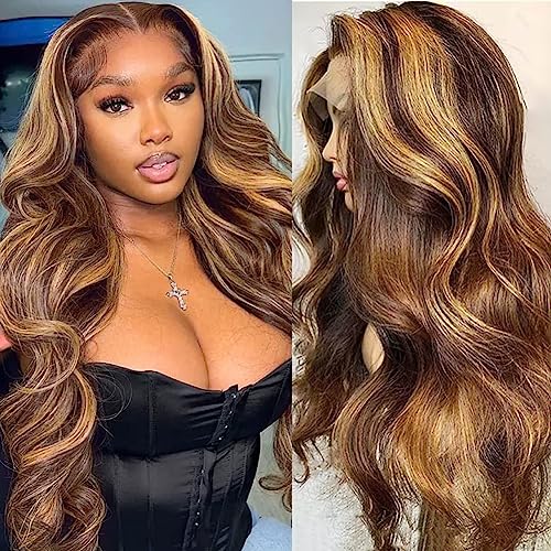 Naliandra Glueless Honey Blonde Lace Front Wigs Human Hair Pre Plucked Bleached Knots,13X4 Body Wave Wigs For Black Women Human Hair 24Inch Ombre 4/27 Highlight Balayage 180 Density #TOP1
