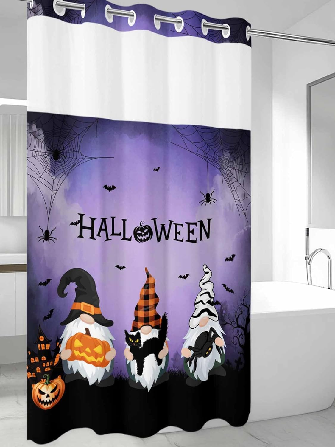 Teamery No Hook Shower Curtain with Snap in Liner, Halloween Hat Gnomes on Purple Curtain Set See-Through Top Double Layers Fabric Shower Curtains Black Hat Bat for Bathroom Decor, 36x72in