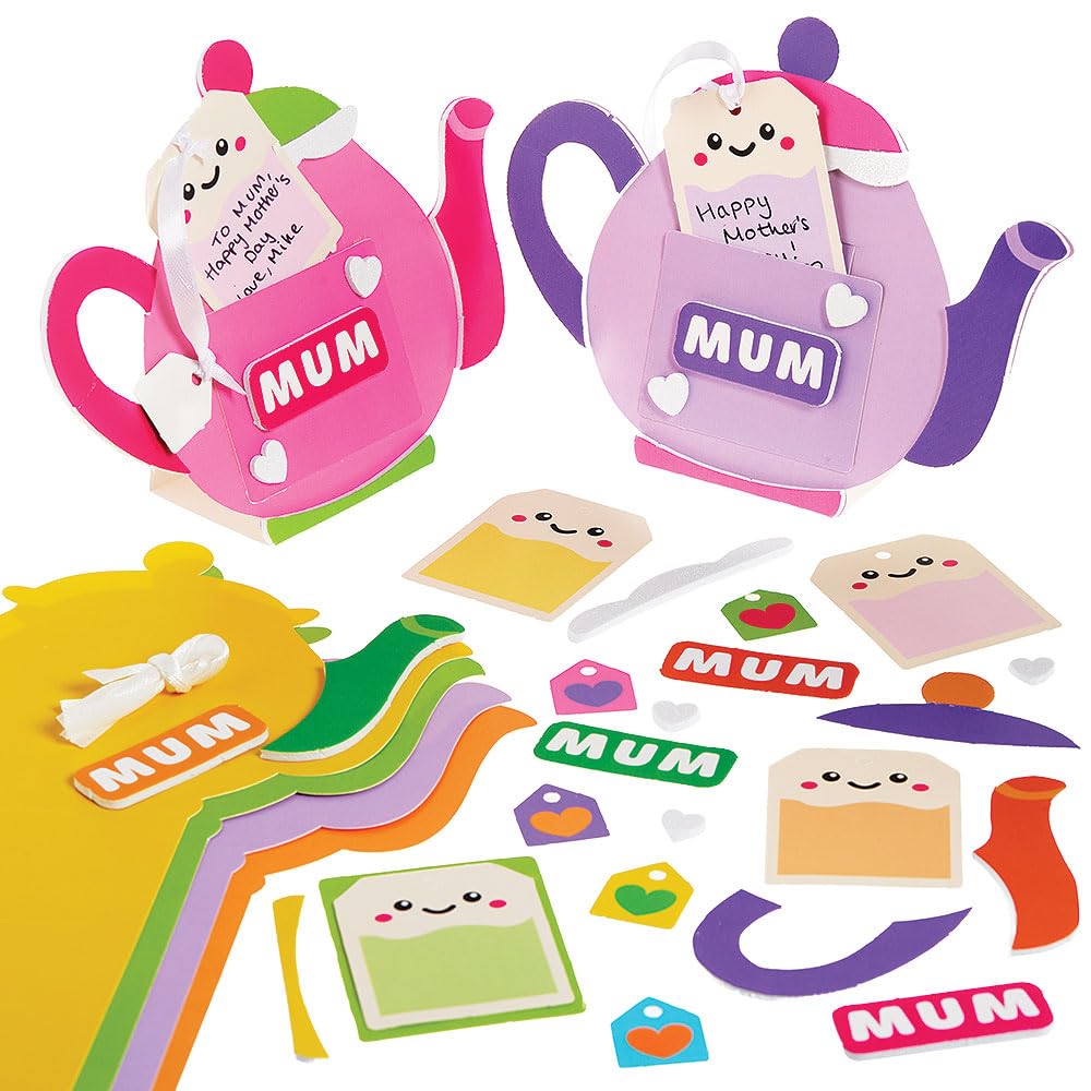 Baker Ross WA108 Mum Teapot Greeting Card Kits - Pack of 5, Charming Mother’s Day Card Craft Kits