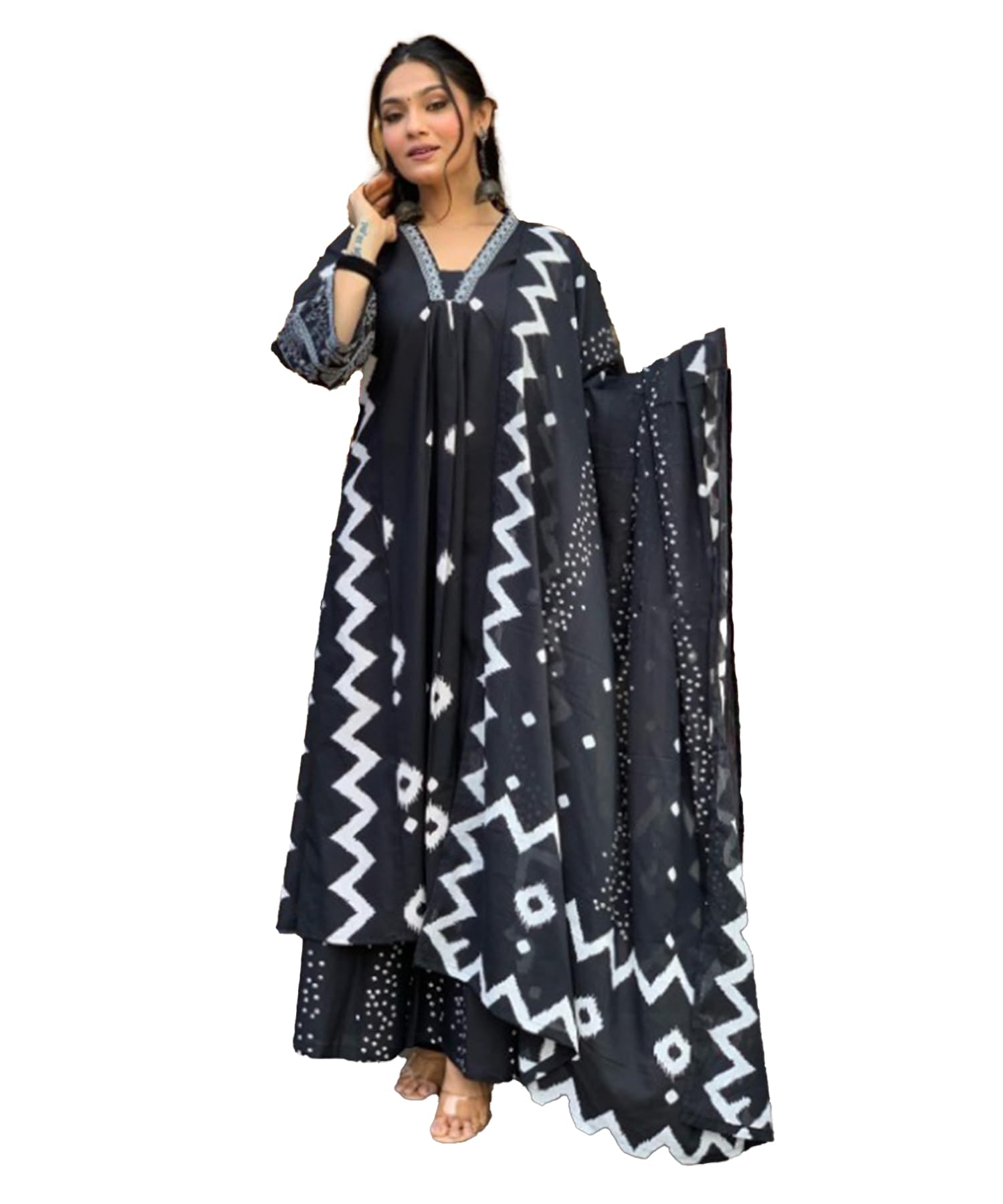 Lookmark Women's Cotton Blend Zigzag And Dotted Print Kurta Plazzo Set With Dupatta Suitable For Every Indian Occasion (Az-Lm-Og-Ks2174 Black-M)