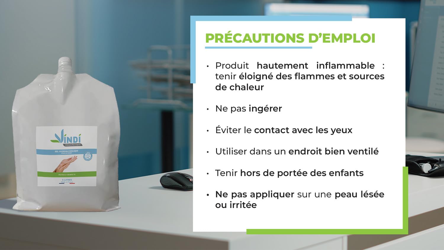 Vindi Désinfectant gel hydroalcoolique - Bidon-écorecharge de 5L - Fabrication Française -76% d'alcool - Virucide
