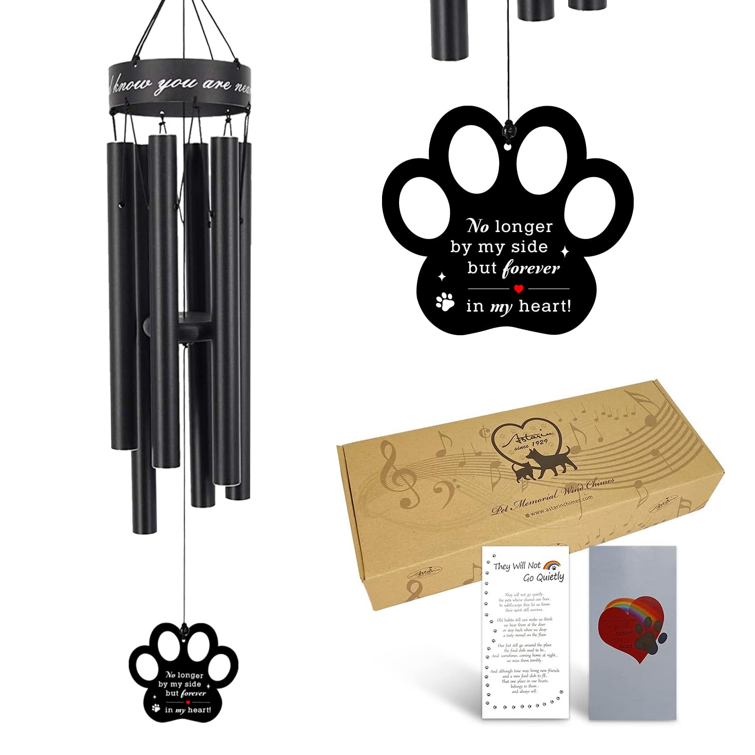 Photo 1 of Pet Memorial Wind Chime, 30 Inches Paw Print Pet Remembrance Gift to Honor and Remember a Dog, Cat, or Other Pet, Premium Metal Wind Chime, Black