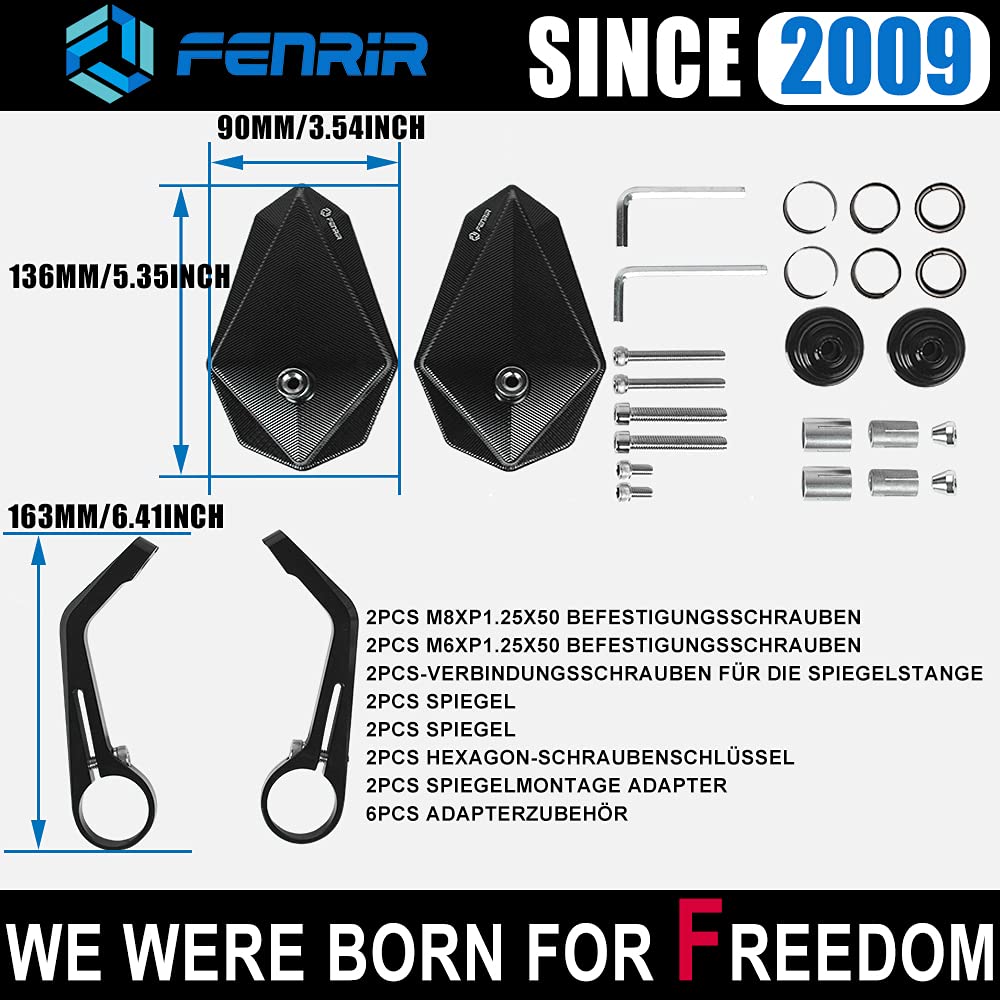 FENRIR E24 Lenkerendenspiegel Motorrad spiegel Seitenspiegel rückspiegel e geprüft Blendschutz schwarz CNC Zum Naked Bike Roller Supersport Z900 MT07 MT09 MT10 GSXS750 S1000R F900R R1250R CB500F CB750