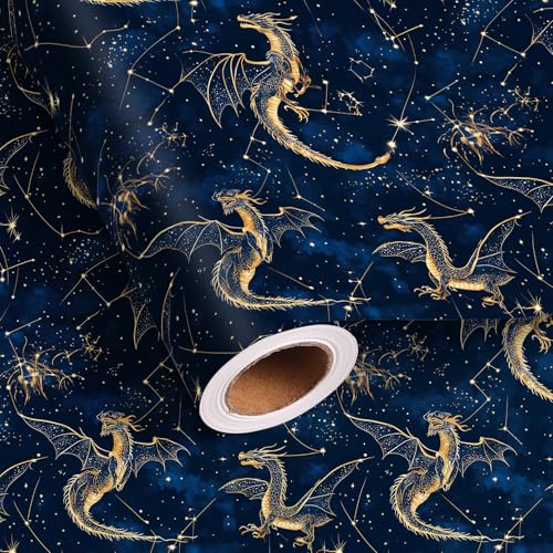Altarho Dragon Wrapping Paper Roll - Mysterious Galaxy Dragon Gift Wrap for Boys Girls Kids Bday Party Easter Total 28.5sq.ft