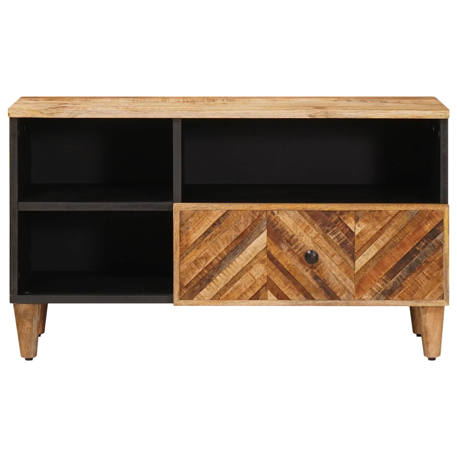Armadio marrone in legno di mango massiccio, 80 x 33,5 x 46 cm, con pomelli in ottone, cassetto e scomparti per soggiorno, media e home theatre