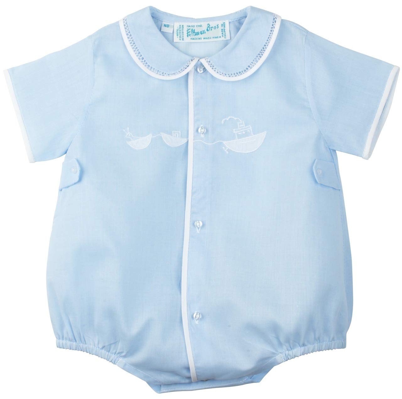 Feltman Brothers Infant Baby Boys Blue Bubble Outfit with White Embroidered Tugboat-Newborn