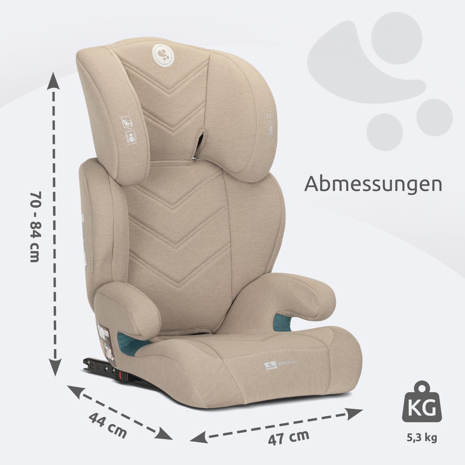 Lorelli Auto Kindersitz GT Speed mit Isofix, i-Size 100-150 cm, Mitwachsender Autositz für Kinder, Babysitz, Autokindersitz, Verstellbare Kopfstütze, Beige