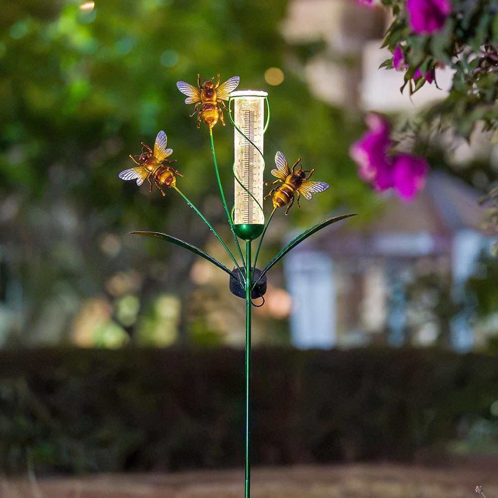 Solar Rain Gauge with 7-Inch Plastic Tube, Bee Rain Gauge Outdoor-Decorative Rain Water Gauges Garden Stake for Yard, Lawn, Patio