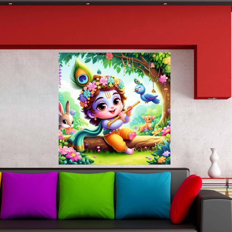 Image of British Terminal Cute little Bal Gopal Baby God Krishna| Kanha Ji | Laddu Lord Makhan Chor Painting Religious Poster for Pregnant Women for wall (matt thin vinyl,sticker,multicolor,unframed)| bj257
