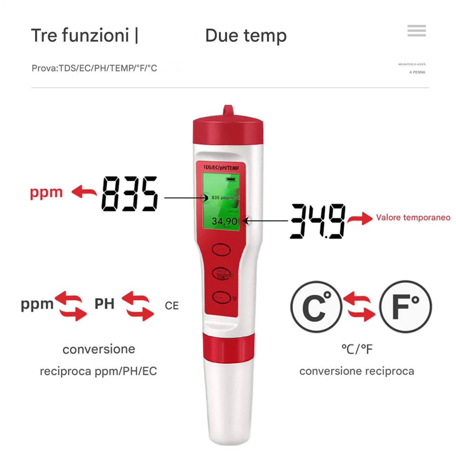 Testeur numérique pH et température, capteur EC/PPM