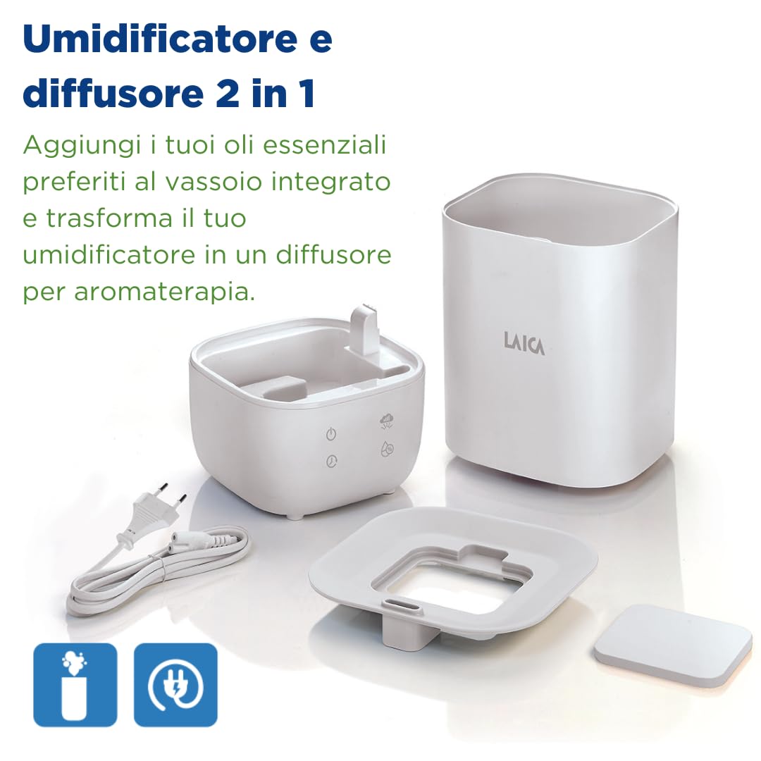 Umidificatore a ultrasuoni LAICA, serbatoio 3,3 L per stanze, piante, ultrasilenzioso, 3 velocità spray con modalità notte, erogazione 15 ore, On/Off auto, riempimento facile, oli aromatici