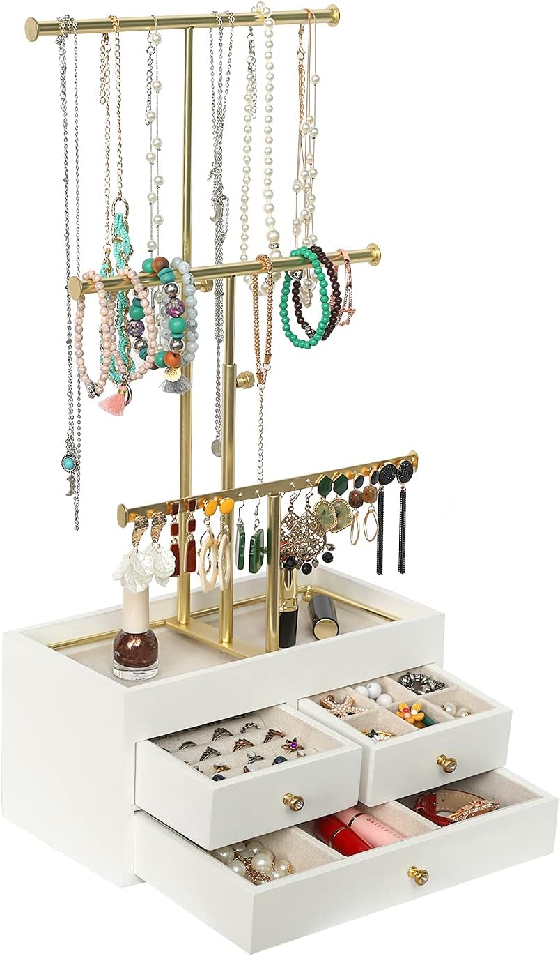 X-cosrack Jewelry Tree Stand Organizer 3 Tier Metal Jewelry Holder Stand with Wood Basic Storage Box, Adjustable Height Holder Display for Necklaces Earrings Bracelets and Rings, Gold and White