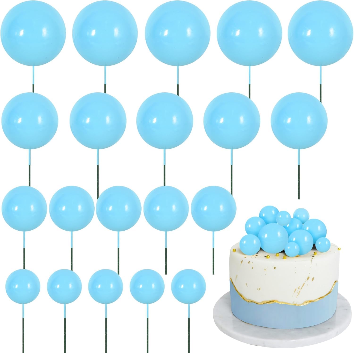 RIBBOOO 20 Pcs Ball Cake Toppers Insert Balls Cake Decorations Foam Balls Cake Toppers DIY Cake Ornament for Birthday Baking Baby Shower Anniversary and Wedding Party (light blue) โ image 1