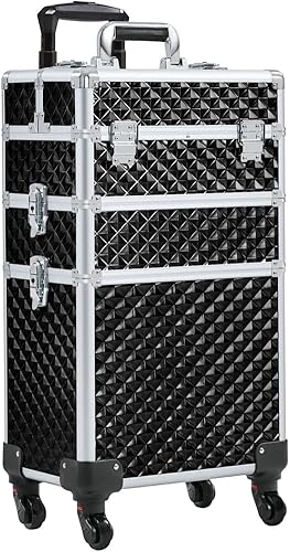 FFIS Carro cosmético 3 en 1 con ruedas para maquillaje, carrito cosmético, color negro, 3 en 1, estuche de tren de maquillaje, color negro