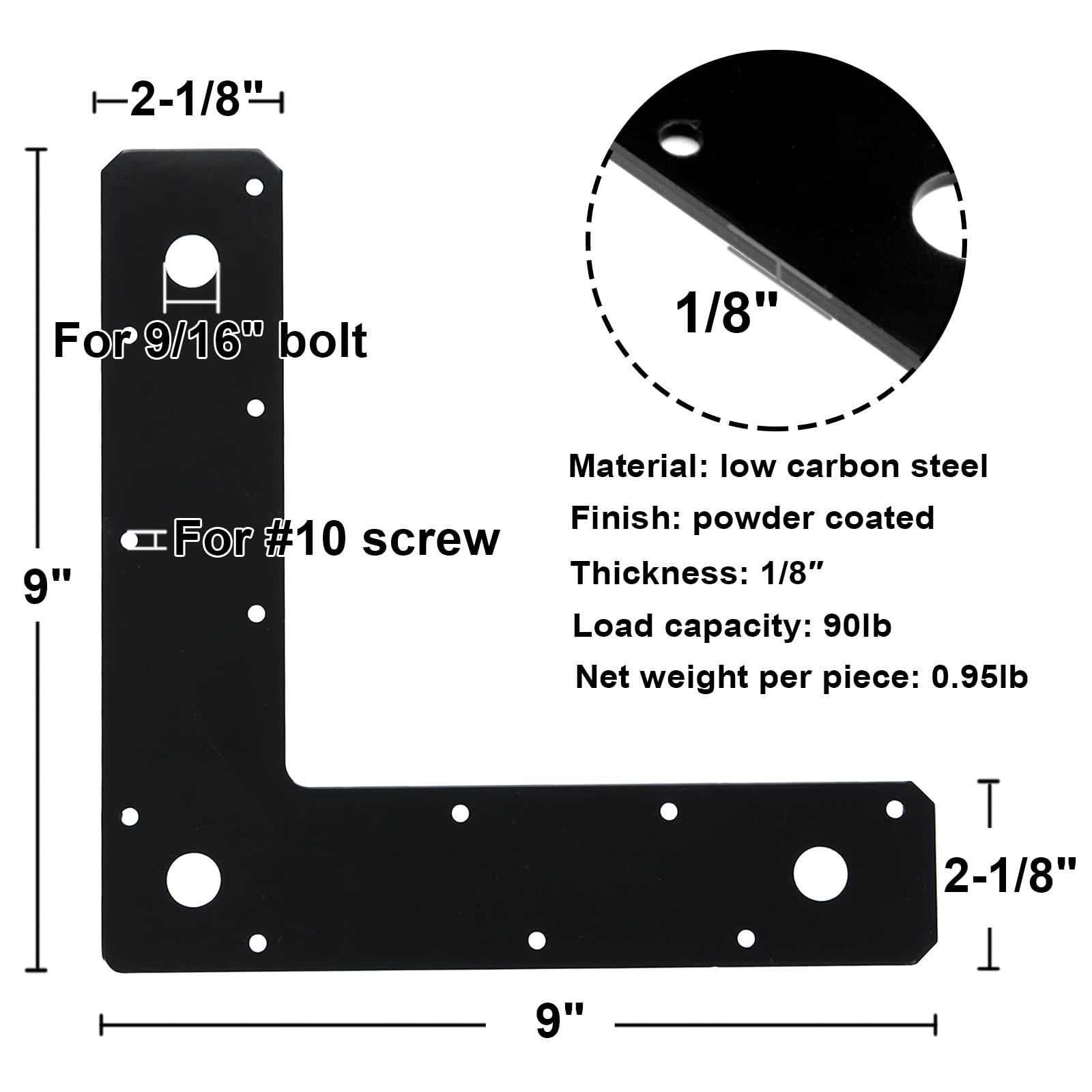 Staffa ad angolo retto in acciaio da 22,9 cm, lunghezza 22,9 cm, larghezza 5,1 cm, spessore 3 mm, carico massimo 40,8 kg, piastra di riparazione piatta angolare per casa in legno, mobili (4 pezzi)