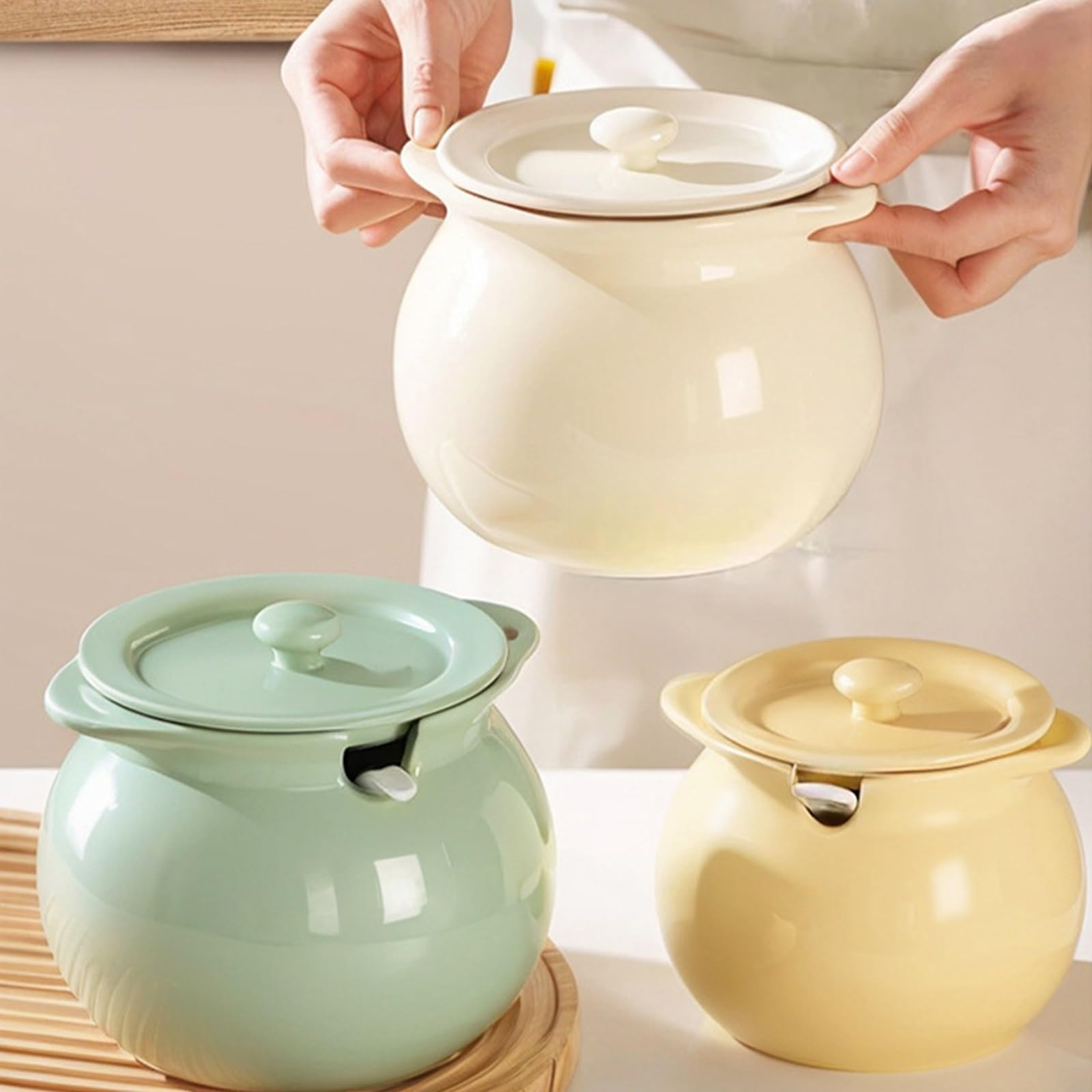 Barattolo con Coperchio, Contenitore per spezie in Ceramica, zuccheriera, Barattolo per Sale in Porcellana e Ceramica, Contenitore per spezie in zuccheriera (Bianco)