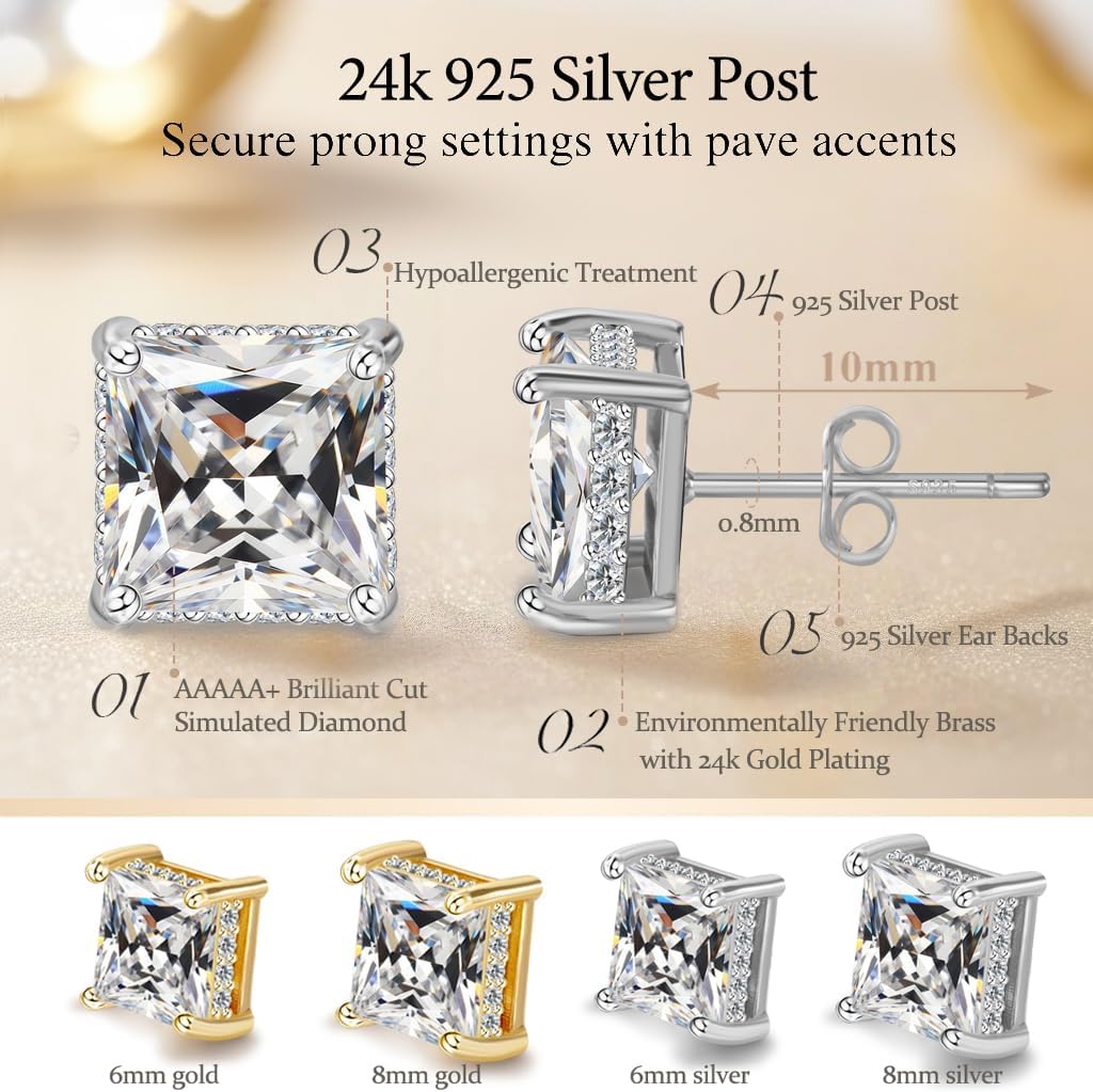 Hypoallergenic Cubic Zirconia Stud Earrings for Women & Men 24K Gold Plated Sterling Silver Post, Big Brilliant CZ Simulated Diamond Halo Studs Sensitive Ear Friendly Fashion Jewelry Gift (SE-30) - Image 2