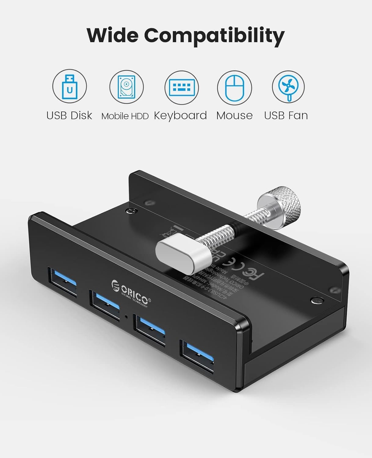 ORICO Hub USB 3.0, zacisk koncentratora USB, aluminiowy 4-portowy rozdzielacz USB z kablem do transmisji danych USB 4,92 FT, zasilany biurkiem koncentrator USB do monitorów/biurka, czarny (bez