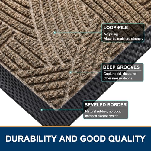 Image of Smiry Front Door Mat Outside Entrance, Heavy Duty Sturdy Natural Rubber Doormat, Trap Dirt and Moisture, Easy Clean Low Profile Mats for Indoor Outdoor Entry, Interwoven Stripes 29.5x17, Brown