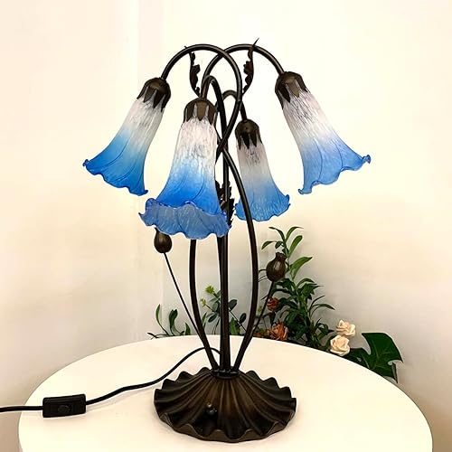 Miniatura 6 de Bieye L10854Lámpara de mesa de acento de vidrio soplado con diseño de flores de lirio para decoración de sala de estar y dormitorio (4 luces, azul)