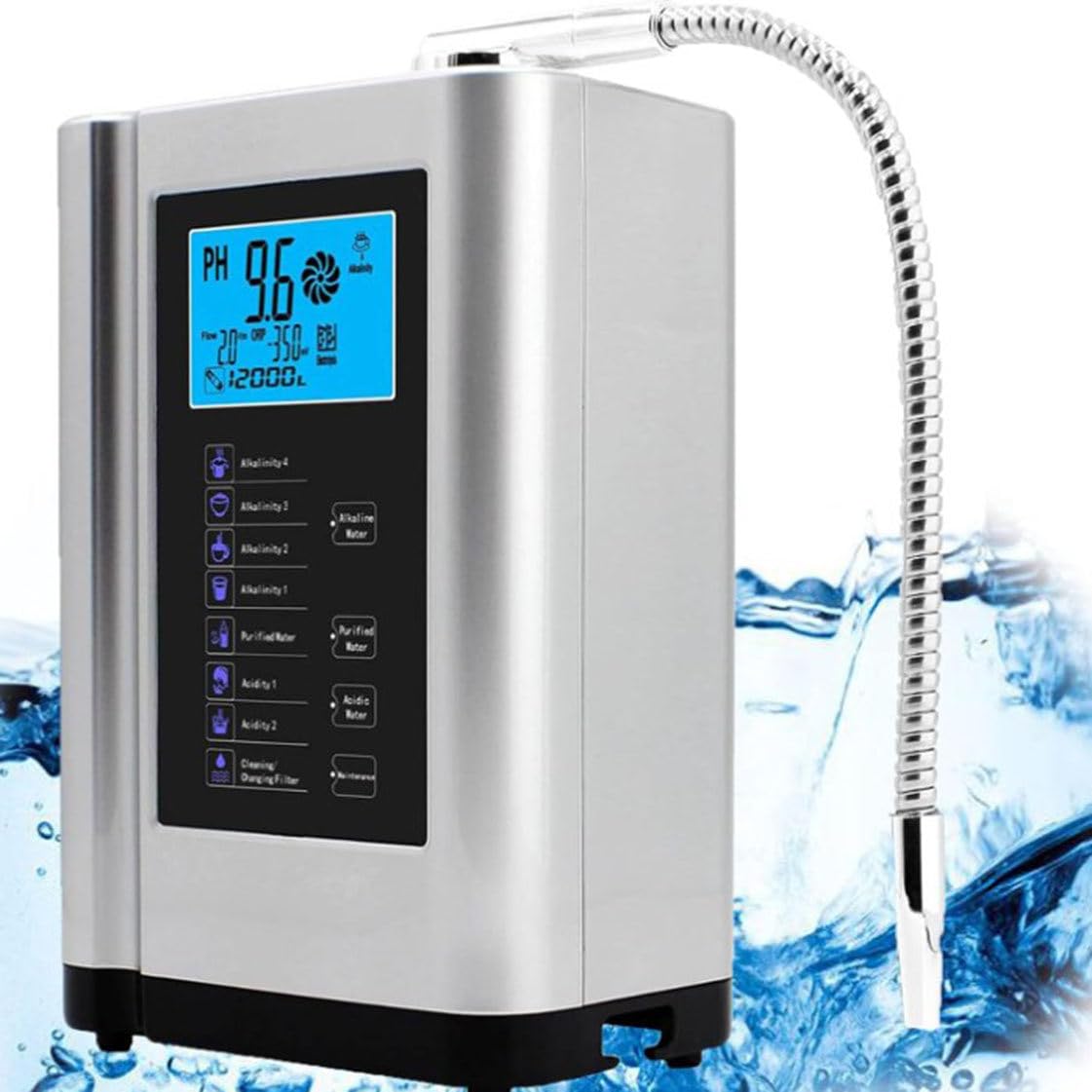 Ionizzatore d'acqua alcalina PH3.5-10.5 Generatore di idrogeno Purificatore Macchina LCD da 3,8 pollici Filtro per acqua potabile acida alcalina domestica, con 8000 litri per filtro,Silver