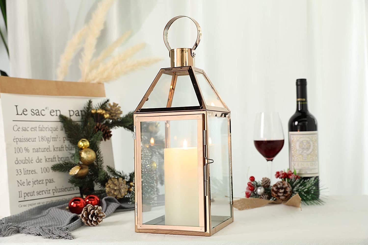 JHY DESIGN Lanternes décoratives en Or Rose 34 cm de Hauteur Lanternes à Bougie en Acier Inoxydable avec Verre trempé.pour intérieur extérieur, événements, fêtes et Mariages