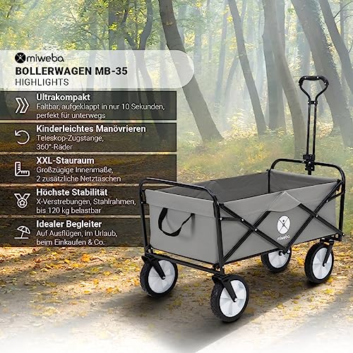 Miweba Faltbarer Bollerwagen MB-35 | Traglast 120 Kg - Klappbar - Handwagen faltbar - Transportwagen für Kinder - Kinderwagen - Gartenwagen - Wagen - Strandwagen - Faltwagen (Grau)