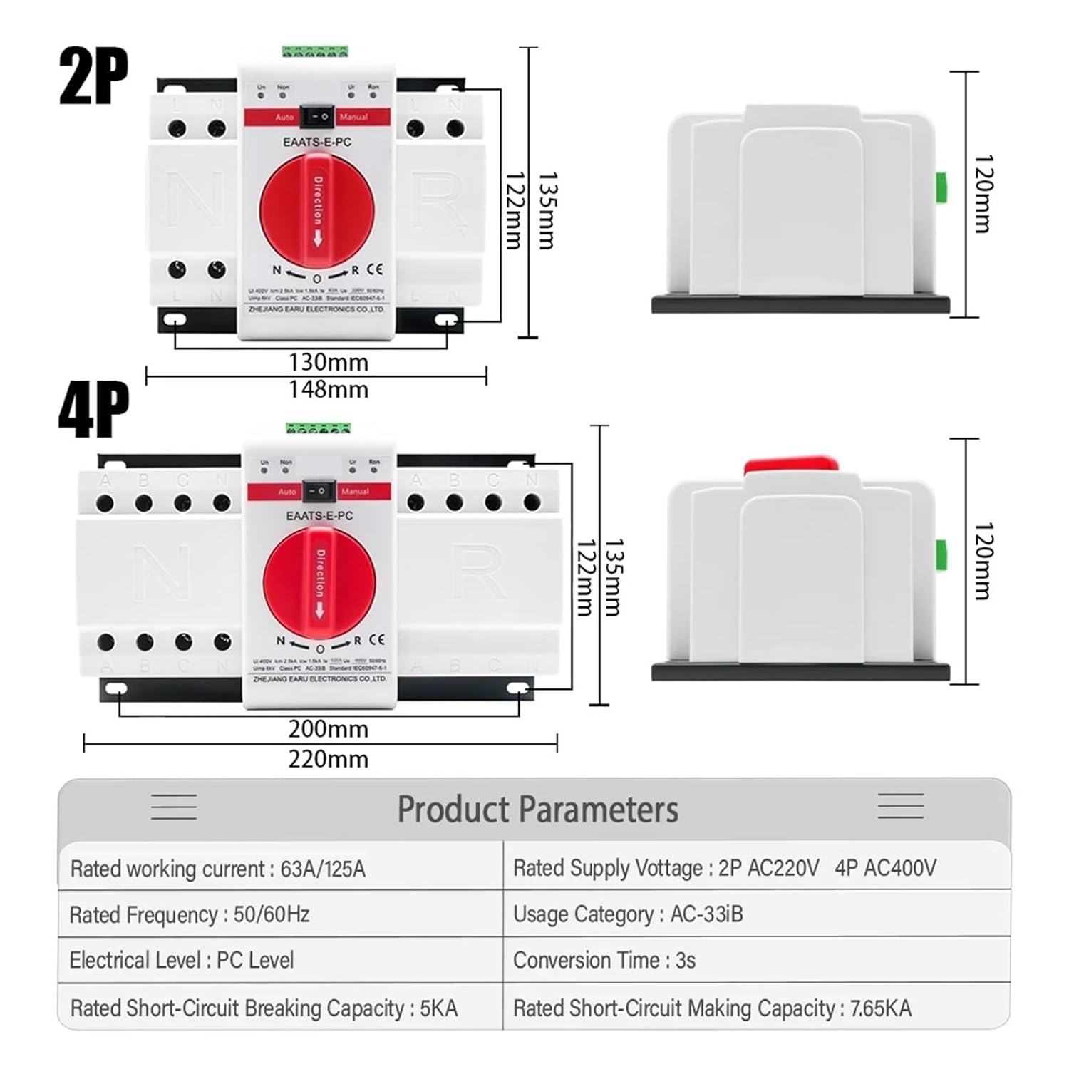 2P 4P 63A 125A ATS PVデュアルパワー自動転送スイッチAC220V 400V 50 / 60Hzタイプ自動手動サル