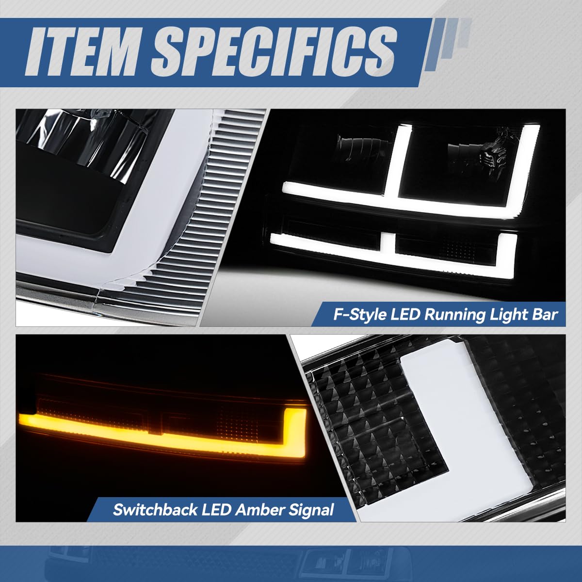 Auto Dynasty Pair of Headlights Assembly and Bumper Lamps Compatible with 2003-2024 Chevy Express GMC Savana 1500-4500, with Switchback F-LED DRL Running lights, Black Housing