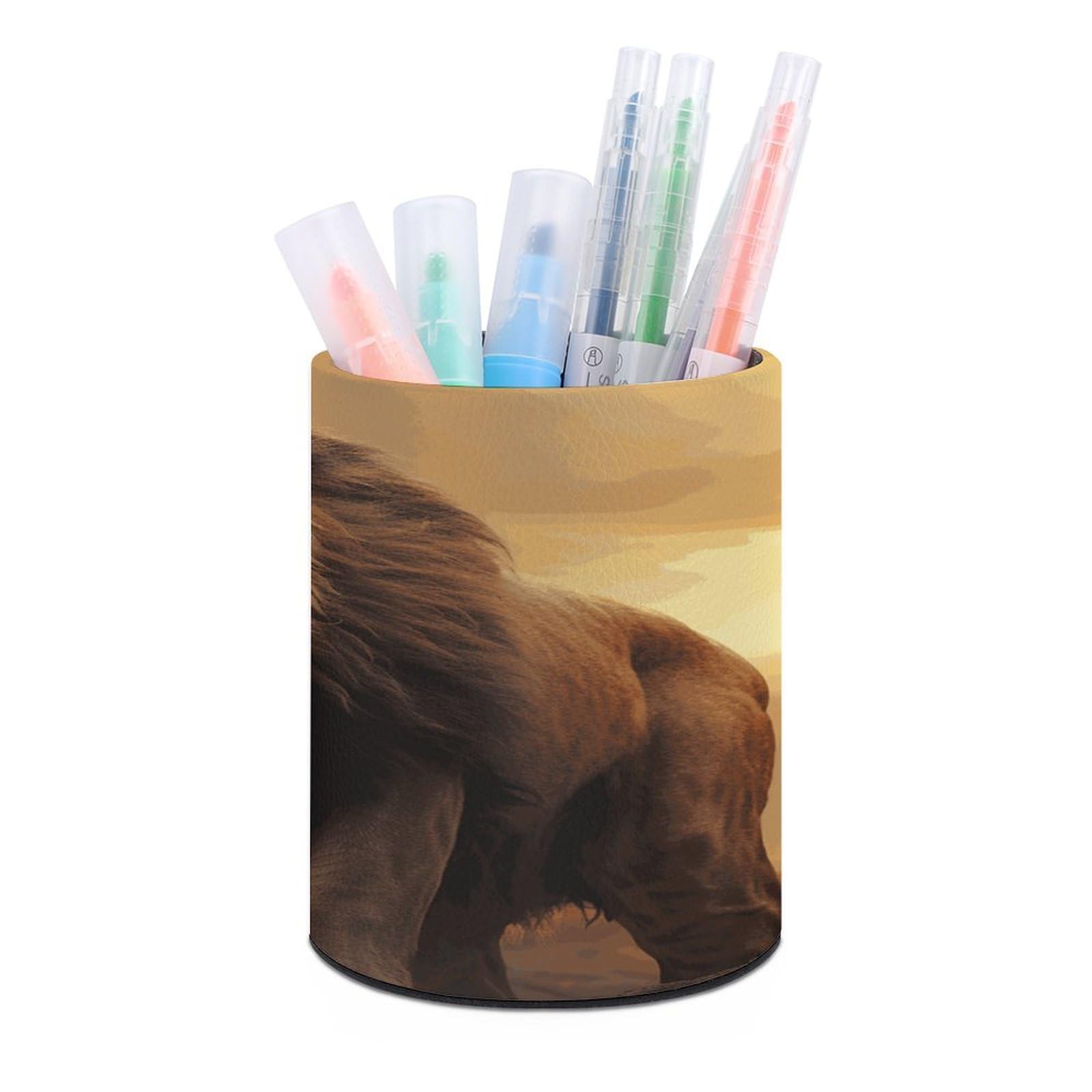 VstaDank Angry and Skull Lion Pen Holder Round Pencil Holder Cup Pen Container PU Leather Desk Organizer Stand Decorative Brush Scissor Holder Decoration Office Desk Home (3.1 x 3.9 inch)