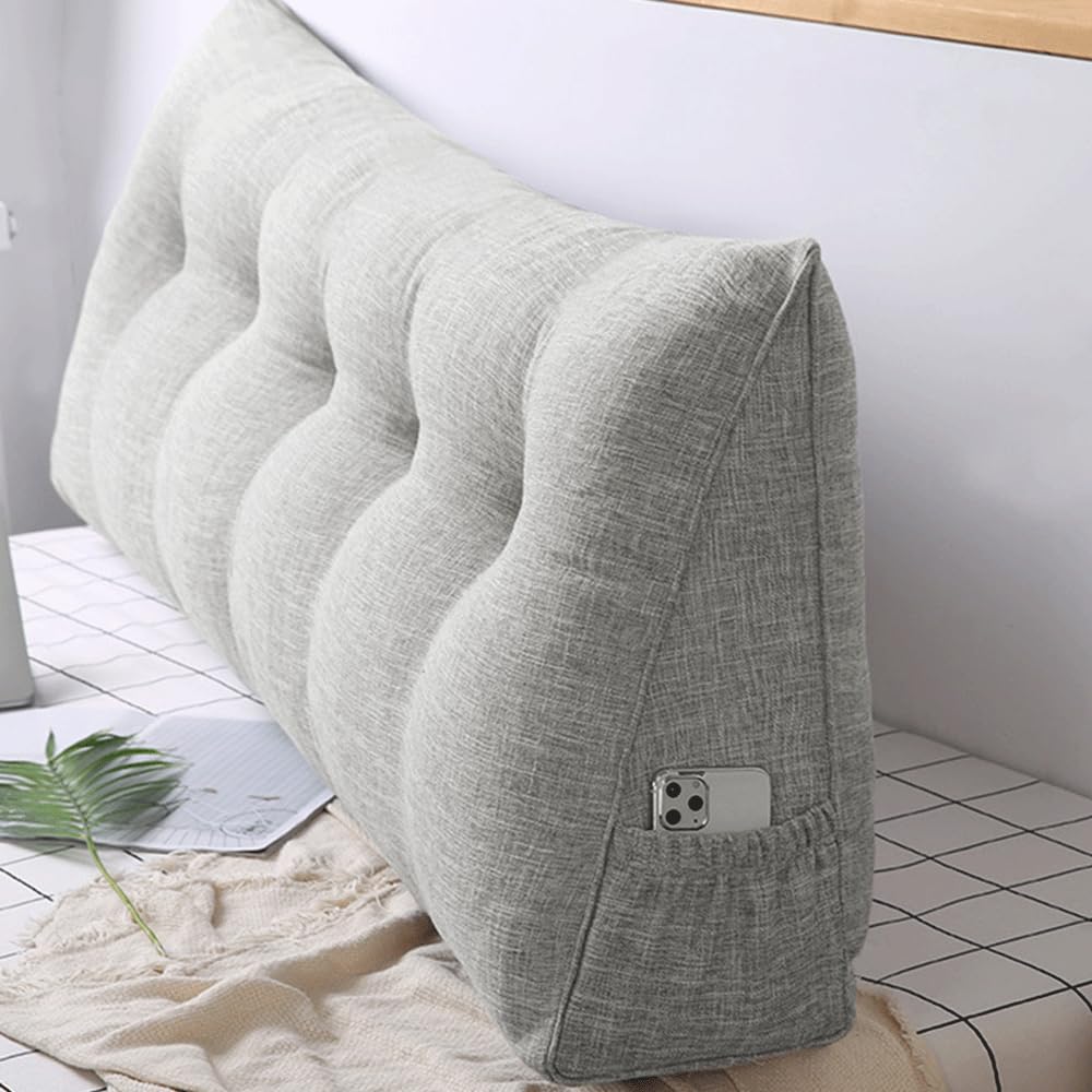 OHMG Cuscino per schienale, cuscino con zeppa adatto per letto e divano, cuscini di lettura e lombare, cuscini con collo rimovibile e fodera lavabile, pratica tasca laterale (grigio chiaro, 180 x 50 x