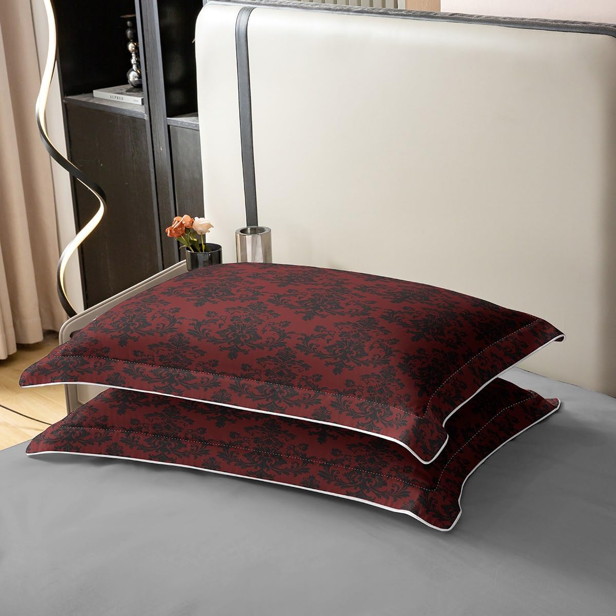 Red Black Damask 100% Nature Cotton Kids Duvet Cover Queen Size 3pcs,Vintage Gothic Lace Floral Print Reversible Bedding Set with 2 Pillowcases,Antique Victorian Baroque Boho Style Quilt Cover