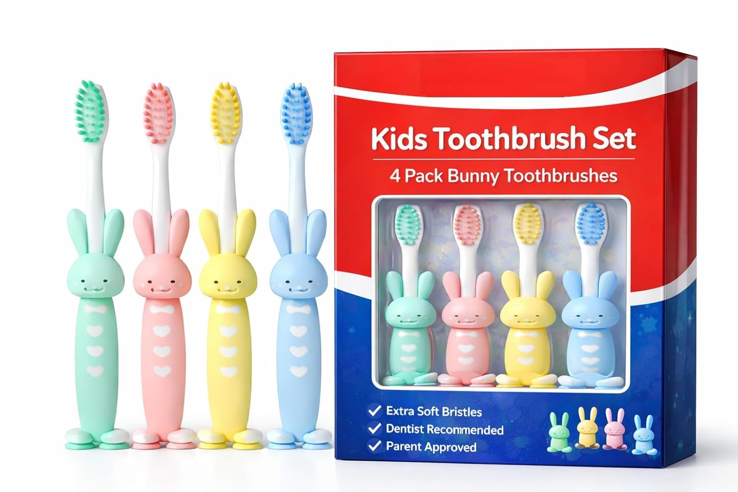 Kids Toothbrush Set of 4 – Ultra Soft Bristles Bunny Design | BPA Free Toddler Toothbrush | Self Standing Cute Cartoon Tooth Brush for Boys & Girls (Ages 2–8 Years)-image-2