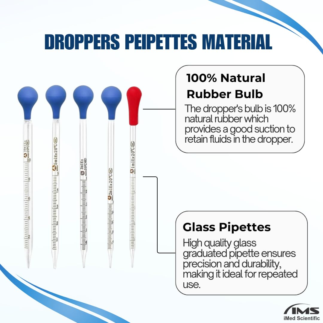 Multi-Function 5Pcs Thick Glass Graduated Dropper Pipettes Fluid Liquid Pipettors 1ml 2ml 3ml 5ml 10ml with Suction Bulbs for Science Experiments, DIY Craft, Essential Oil Makeup Transfer - 8