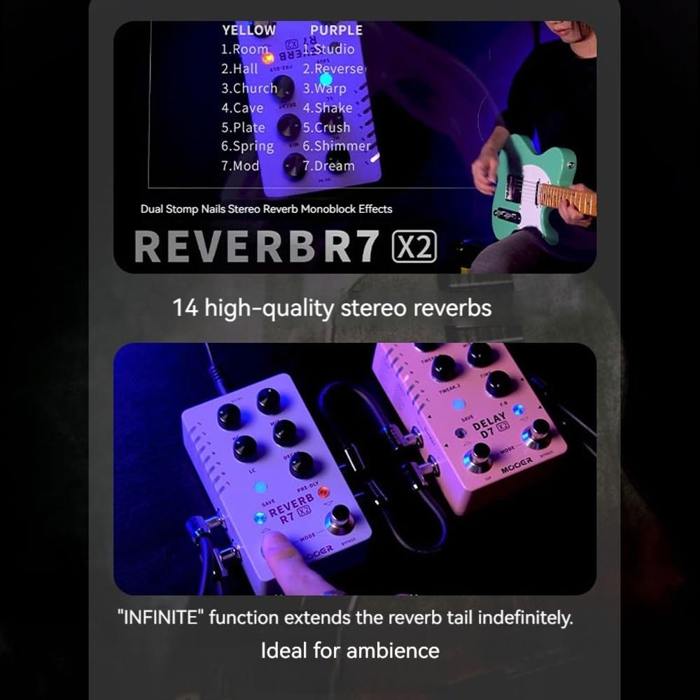 Efecto de bloque único R7X2, pedal de reverberación estéreo de clavijas dobles, efecto de guitarra eléctrica