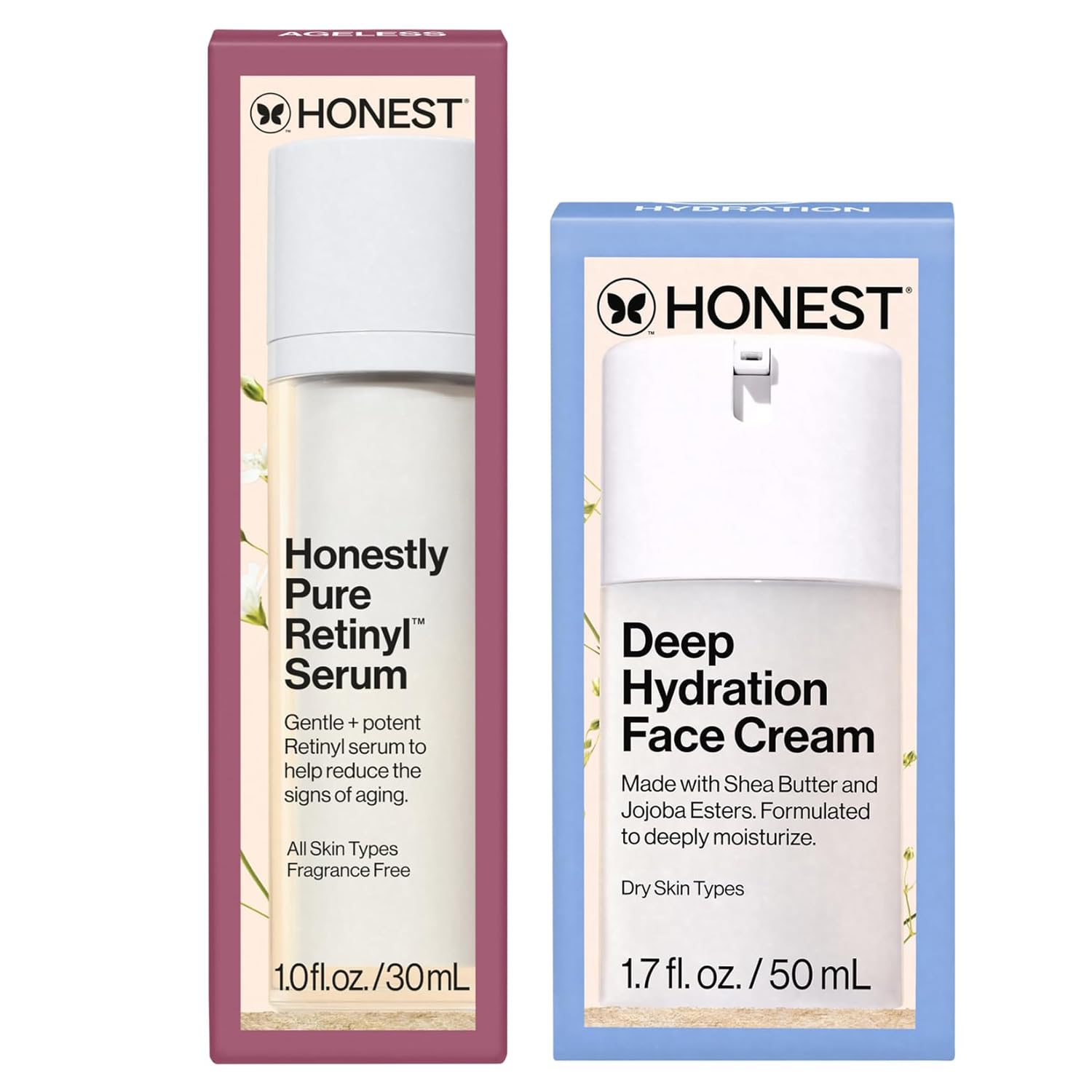 Honest Beauty Deep Hydration Face Cream + Vegan Nightly Retinyl Serum Bundle | Exfoliate + Hydrate | Gentle for Sensitive Skin | 1.7 fl oz, 1 fl oz