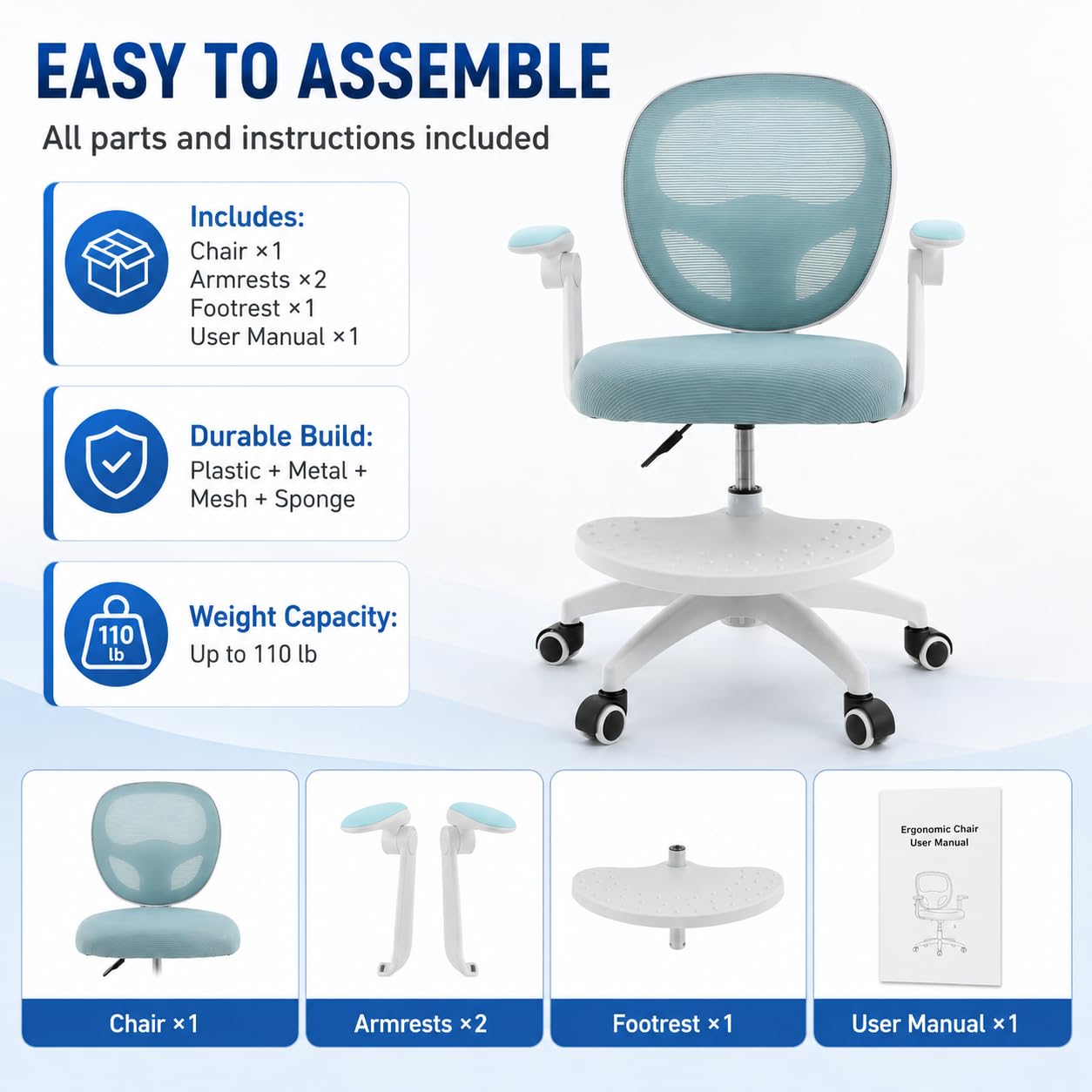 Sedia da scrivania per bambini, regolabile in altezza, 50 kg, blu | rete, schiuma, forma a sella, pieghevole a 90°, 50 kg, ruote a gravità, girevole a 360°, seduta da 10 cm + poggiapiedi, 5-13J