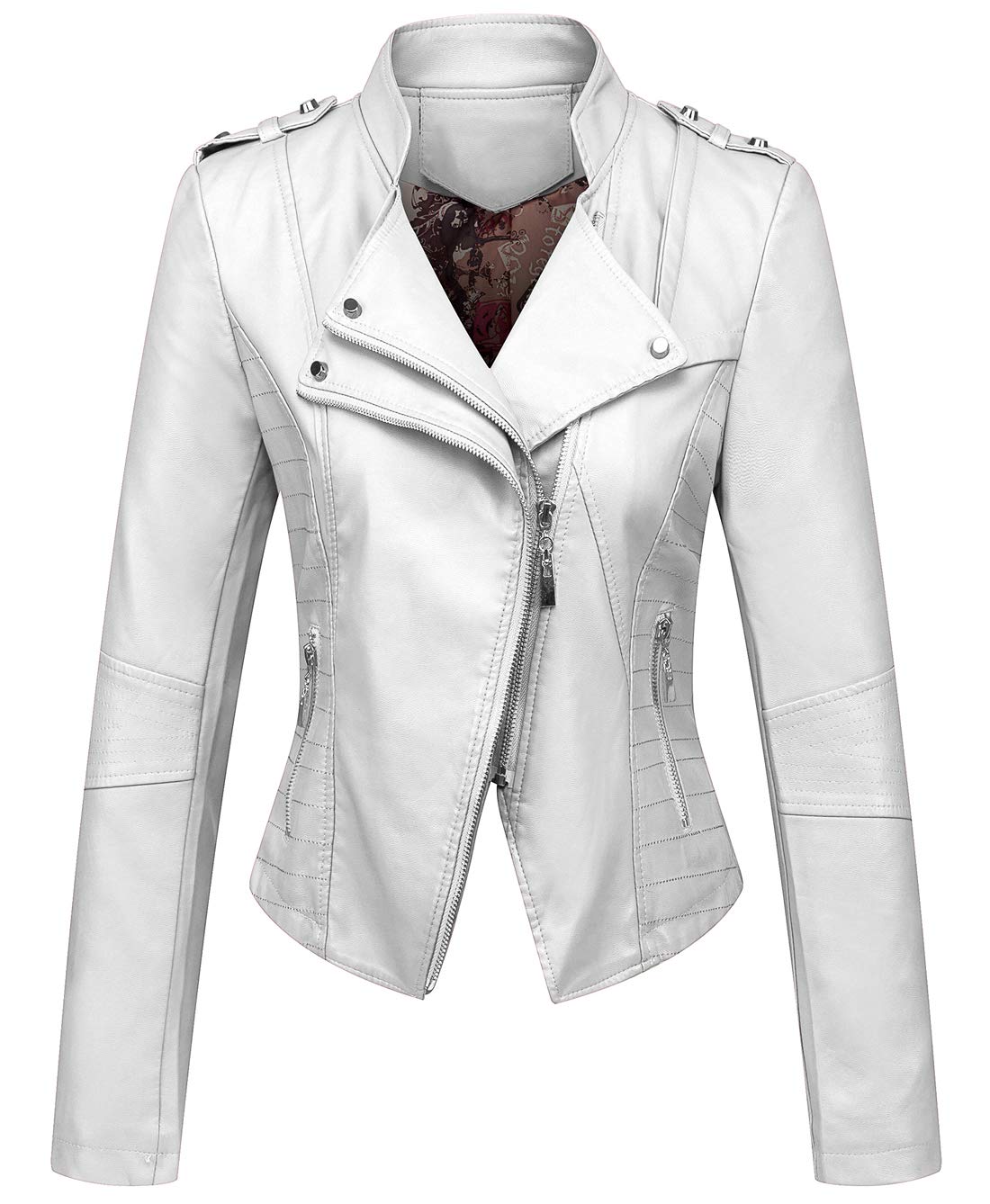 chouyatou Women's Candy Color Asymmetric Zip Slim Faux Leather Cropped Moto Jacket (Large, White)