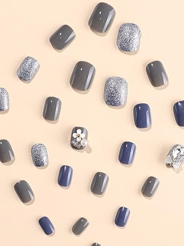 Miniatura 3 de Uñas cortas a presión con purpurina azul francesa con dijes de flores diseño de perlas exquisito lazo diamantes de imitación cuadrado pegamento en