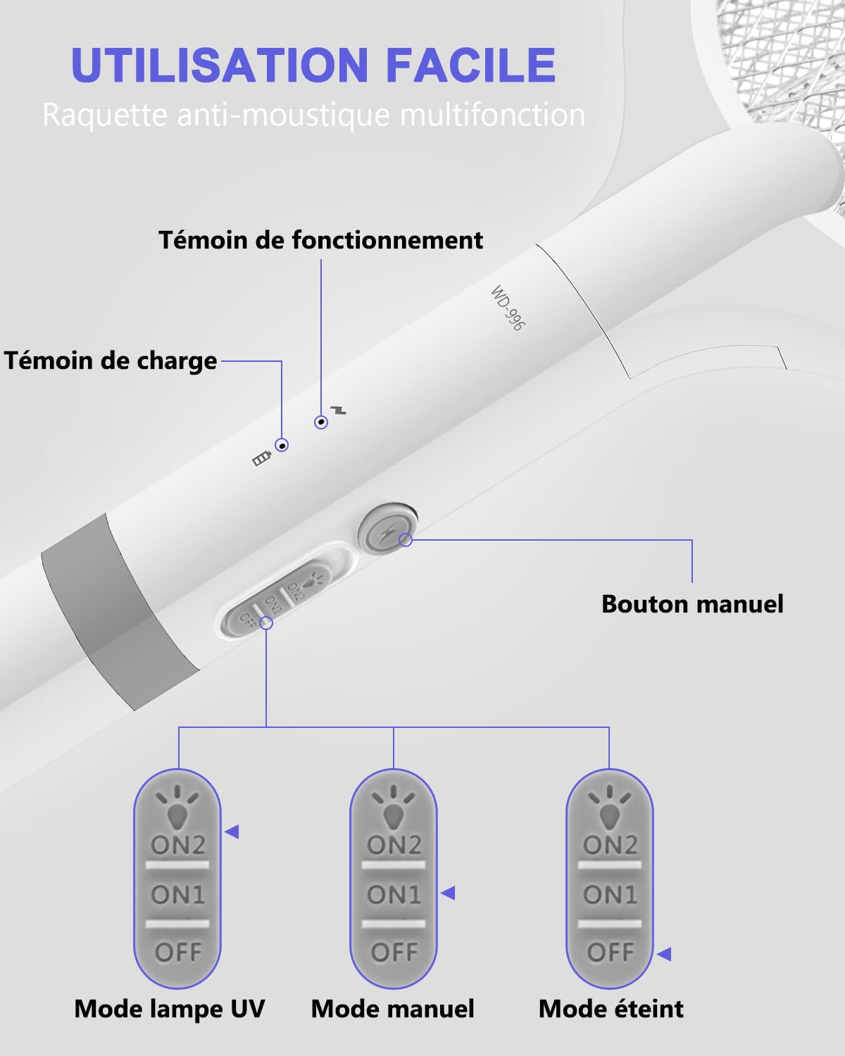 Raquette Électrique Insectes, Raquette Anti-Moustiques à Lumière UV 4000V 2 en 1, 1800mAh USB Rechargeable Tapette à Mouches Électrique avec Base de Recharge, Efficace pour Intérieur Extérieur