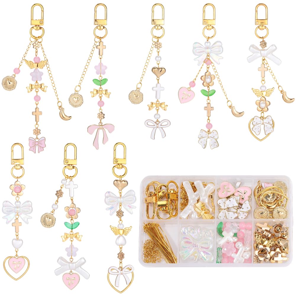 Kits para hacer llaveros con lazo, abalorios de vidrio y dijes de corazón para manualidades