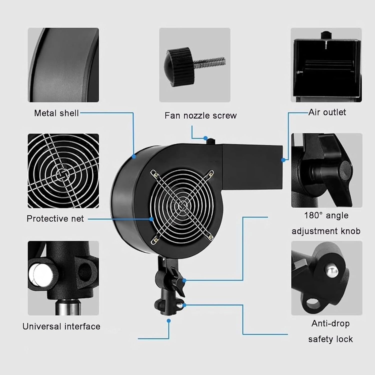 Ventilatore portatile for fotografia, macchina for effetti speciali da palcoscenico da 120 W, velocità massima 2600 giri/min e angolo regolabile, ventilatore for capelli da studio