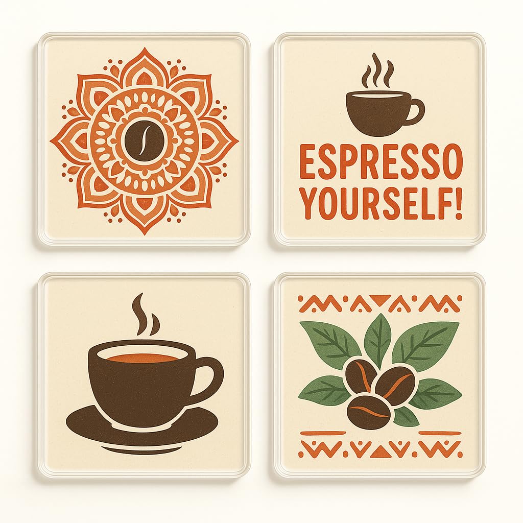 The Plum Penguin Brewed Boho Bliss Acrylic Coaster Gift Set Of 4 With Boho Chic Coffee Culture Design - For Millennial Coffee Lovers