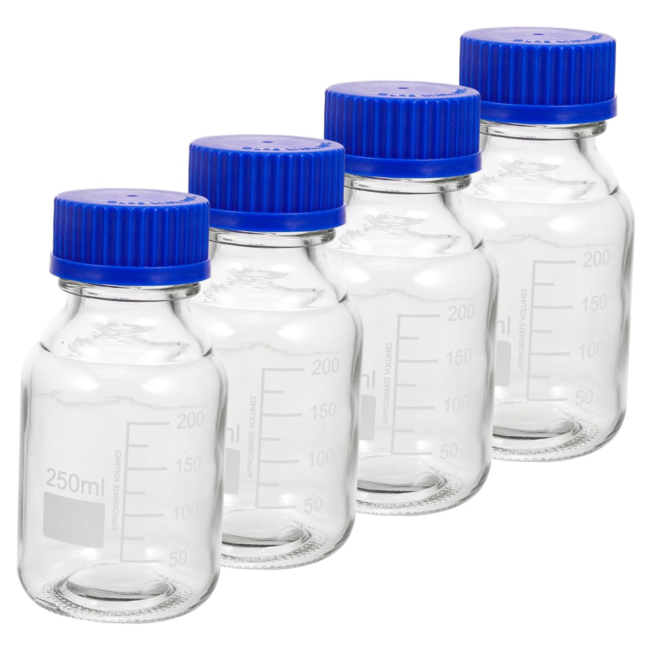 Bottiglie di Reagente in Vetro da 250ml Set da 4 Resistenti a Rotture con Tappo a Vite Blu e Multiuso per Laboratorio Chimico o Fabbrica