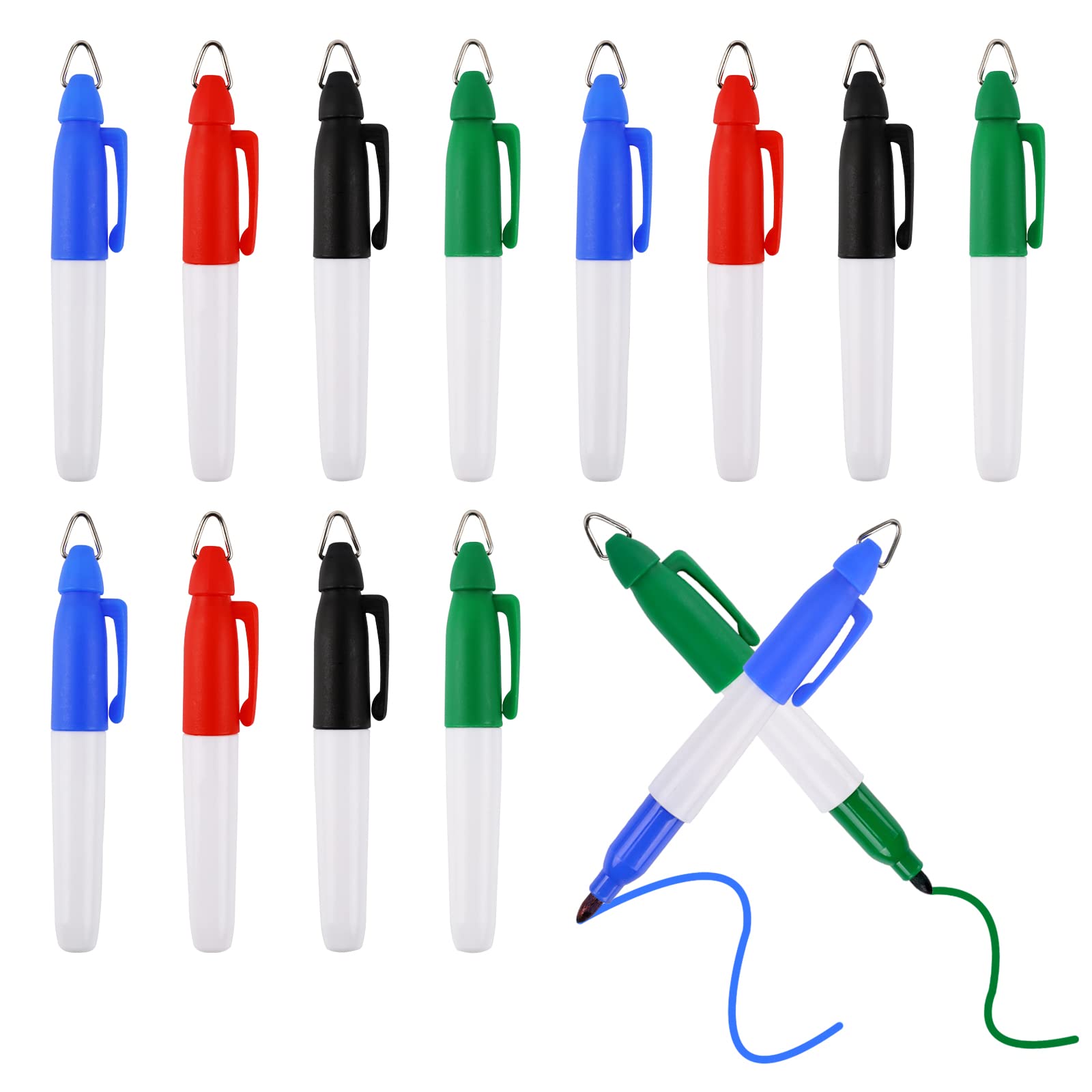 Vin Beauty 12Pcs Mini Permanent Markers, Colorful Markers With Golf Keychain Clips, Mini Permanent Markers for Nurses Badge, Colorful Markers with Small Hooks, Key Markers (Black, Blue, Red, Green)