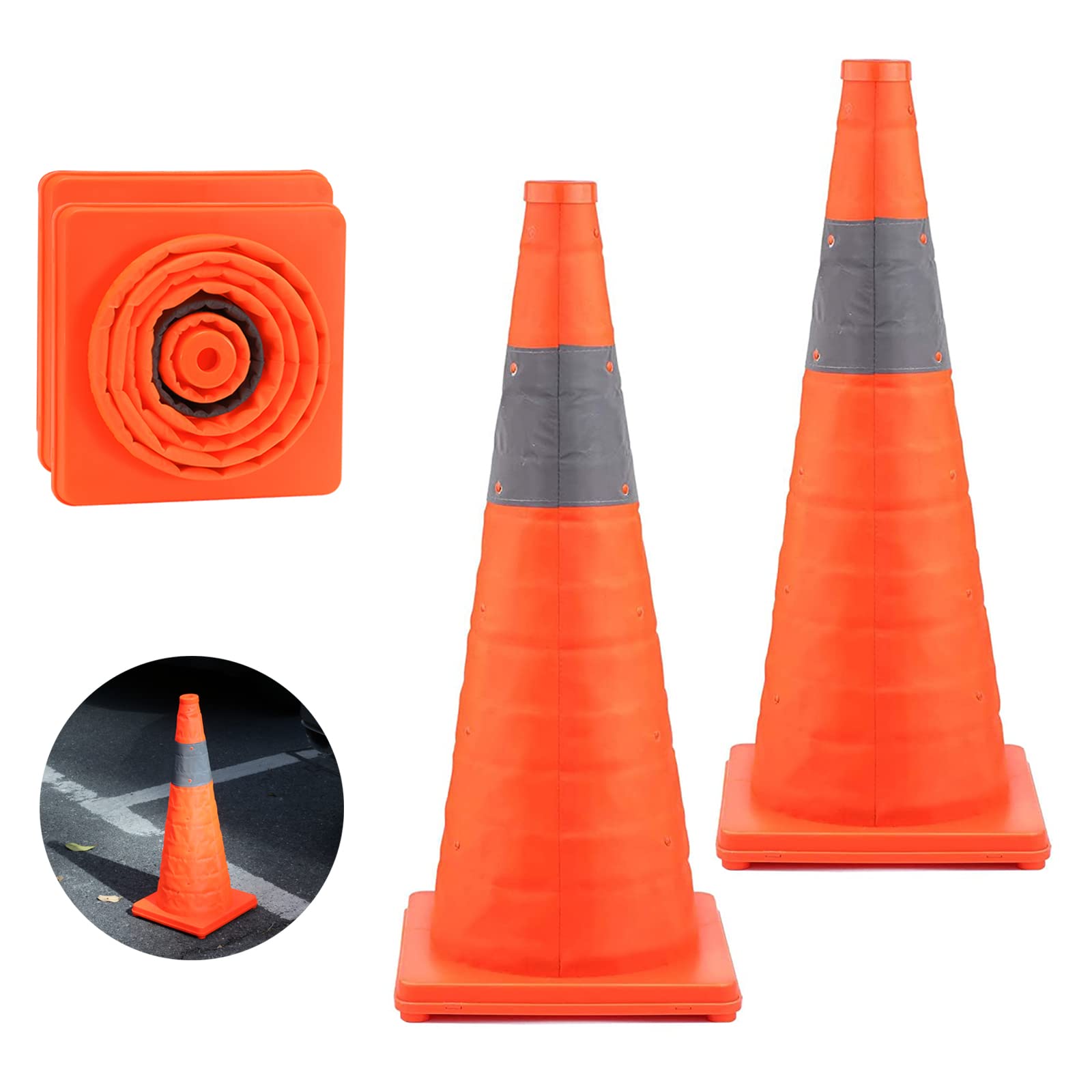 YOJOR 28 Inch Collapsible Traffic Safety Cones 4 Pack, Multi Purpose Pop-up Orange Cones with Reflective Collar for Road Safety, Driving Training, Parking Lots