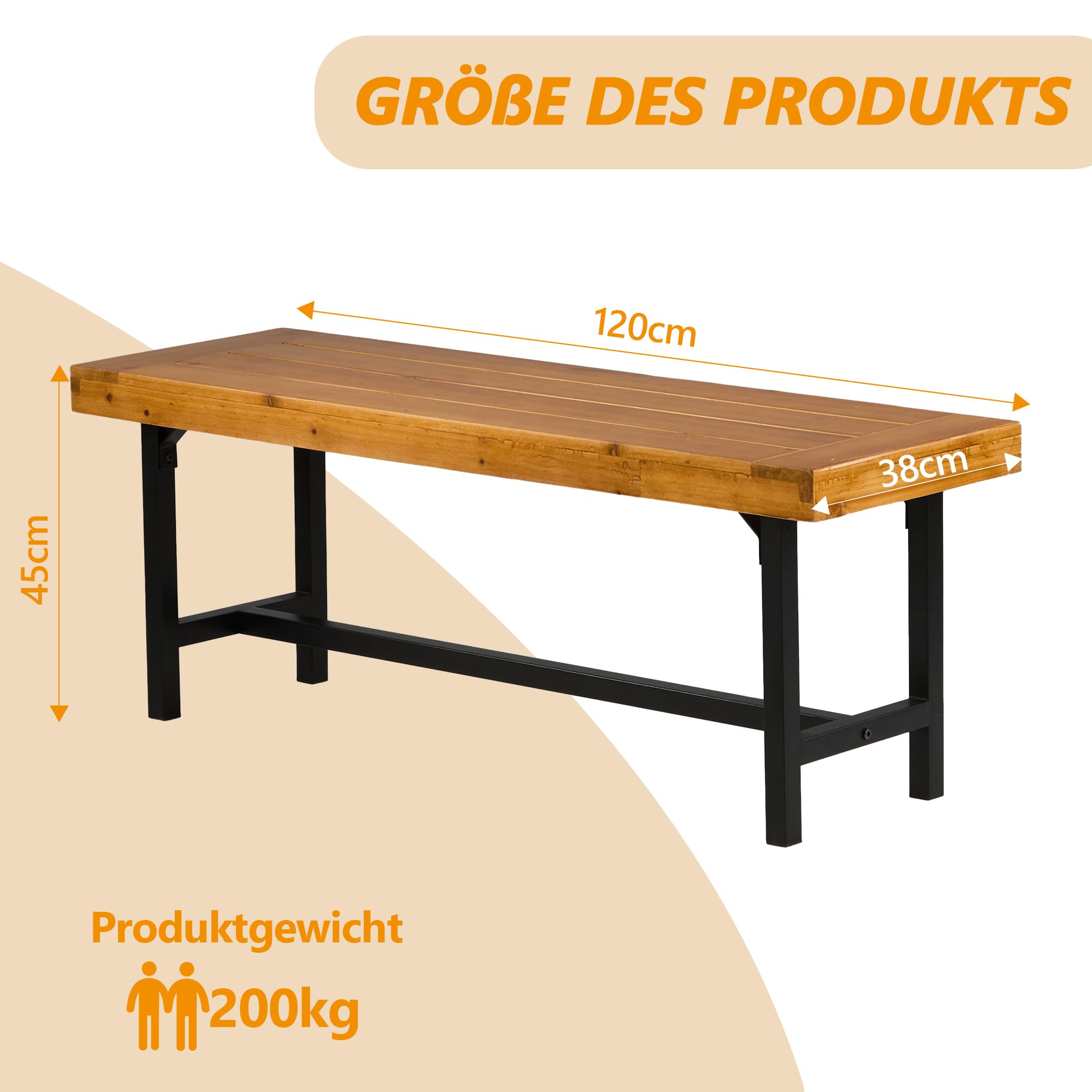 Mingone Gartenbank Holz 120 cm 2-Sitzer sitzbank ohne Rückenlehne | Balkonbank, wetterfest, für Park Veranda, Outdoor Gartenmöbel